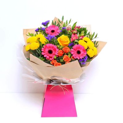 Blazing Beauty is a glamorous bouquet of Craspedia, Gemini, Tulips and Roses that is guaranteed to brighten your home and give joy to the people around you. This bouquet will be handcrafted by an experienced florist, order for same day delivery by hand, or next day delivery via our courier.